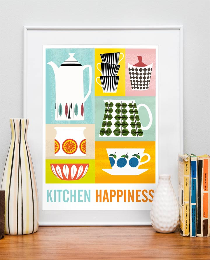 Kitchen Happiness Art Print, Mid Century Retro Poster, Stig Lindberg, Cathrineholm A3